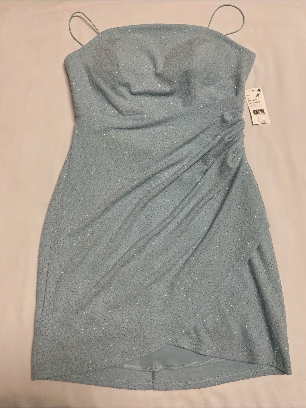 Juniors Glitter Seafoam/Silver Spaghetti-Strap Mini Homecoming Dress